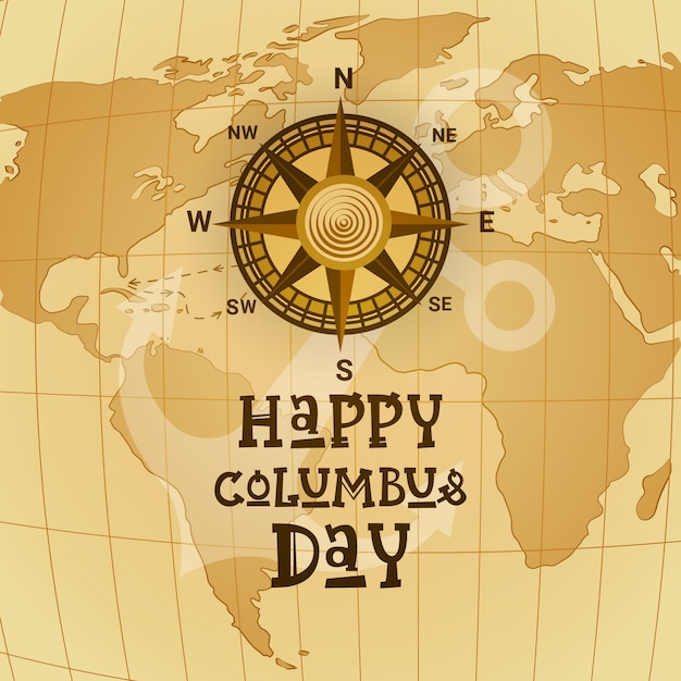 Happy Columbus Day National Usa Holiday Greeting Card With Compass Over World Map