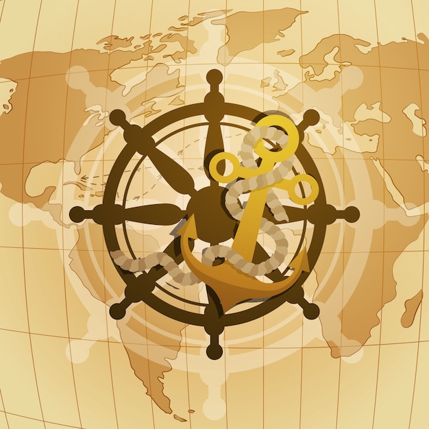 Happy Columbus Day National Usa Holiday Greeting Card With Steering Wheel And Anchor Over World Map