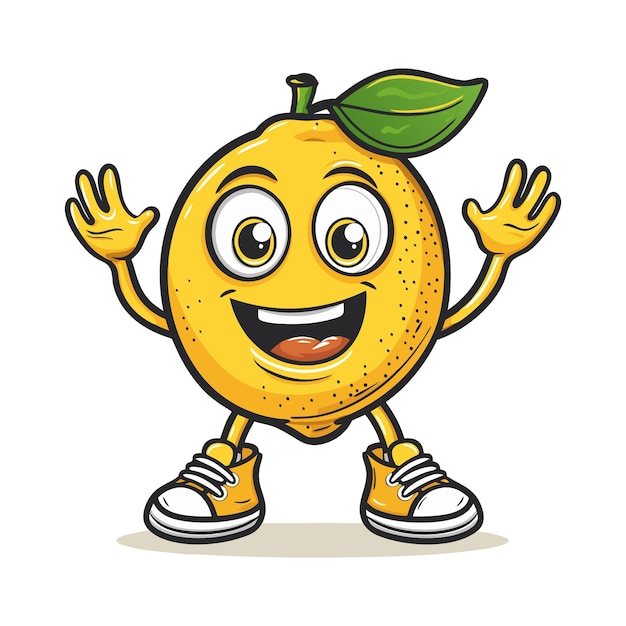 Happy Comic Cartoon Lemon Character with Big Smile and Waving Hands