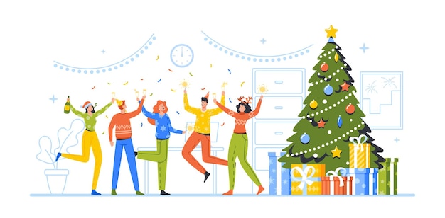 Happy Company Disco Fun. Cheerful Friends or Colleagues Celebrate Christmas, New Year Party. Characters in Funny Hats Celebrate Xmas Dancing at Decorated Xmas Tree. Cartoon People Vector Illustration