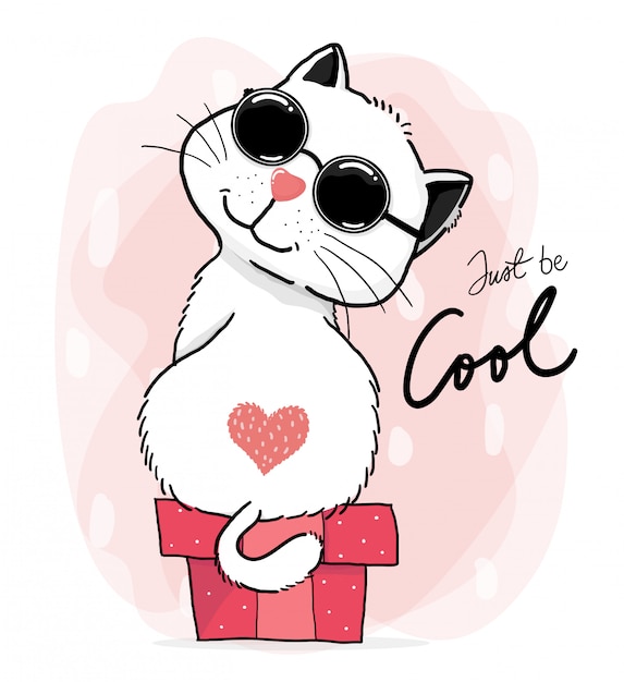 Happy cool cute white fluffy fat cat with heart mark wears Sun Glasses stand on a gift box, just be cool word, cute character doodle outline drawing style