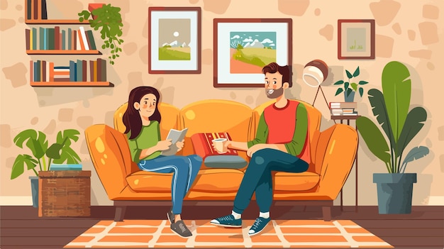 Vector happy couple avatars on living room background vector illustration