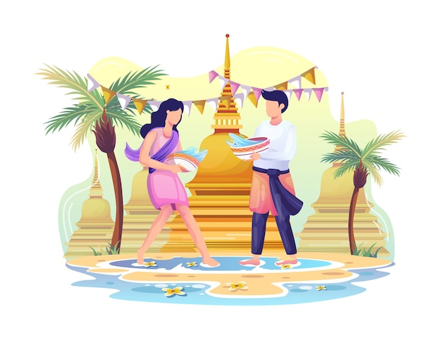 Happy couple celebrates Songkran festival by splashing water on each other  Illustration