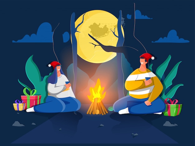 Happy couple character enjoying drink with gift boxes and bonfire on full moon nature view .  greeting card .