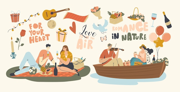 Happy Couple Characters Dating Outdoors on Picnic and Floating on Boat. Declaration of Love, Young Man Playing Violin, Singing Song to Girl, Love Romantic Relations. Linear People Vector Illustration