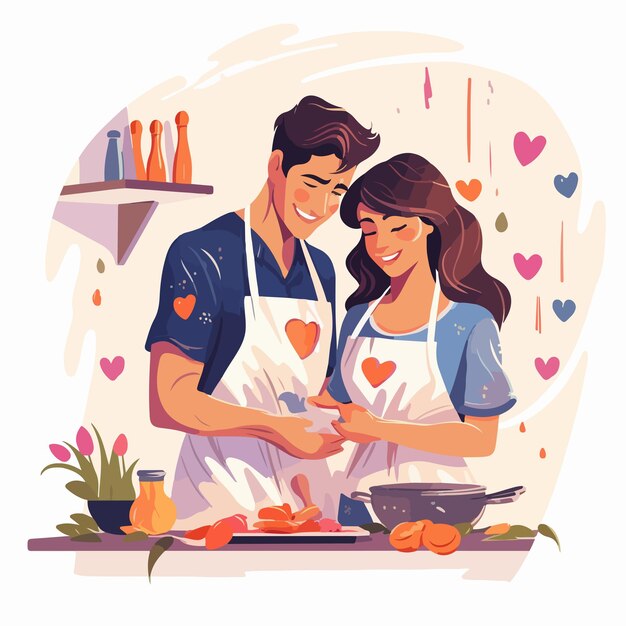 Vector happy couple cooking together romantic cooking scene