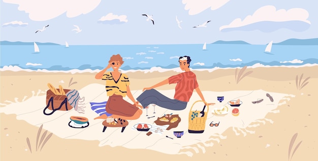 Happy couple drinking wine and eating at seaside. Young man and woman spending time together at picnic on sandy beach. People resting and enjoying outdoor date. Flat vector illustration.