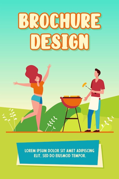 Happy couple enjoying barbecue party brochure template