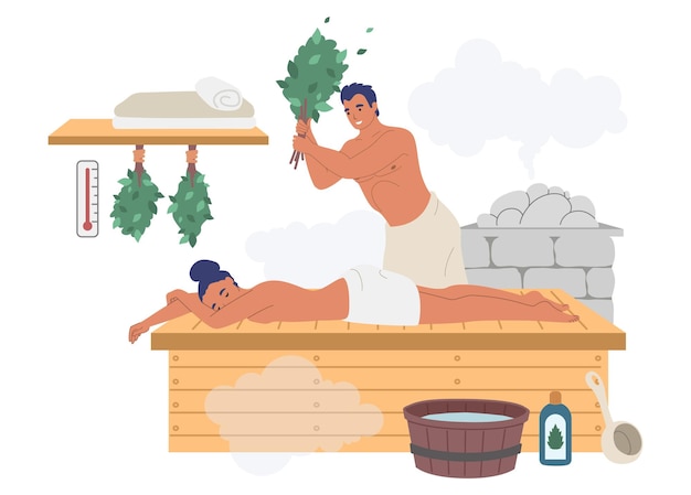 Vector happy couple enjoying steam bath, sauna, flat vector illustration. spa resort, steam room, bathhouse therapy.