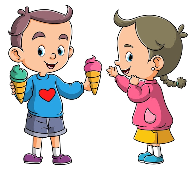 The happy couple girl and boy is holding two ice cream of illustration