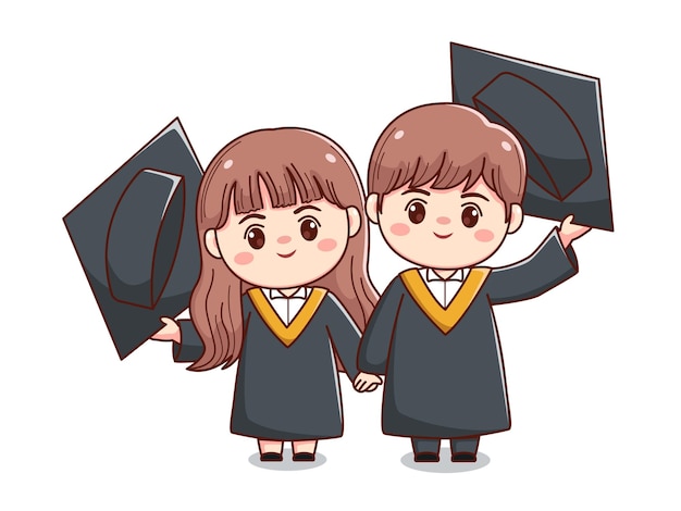 happy couple graduation boy and girl holding hand cute kawaii chibi cartoon character illustration