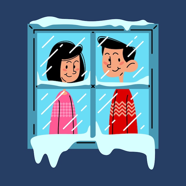 Happy couple inside a snowy window flat vector illustration