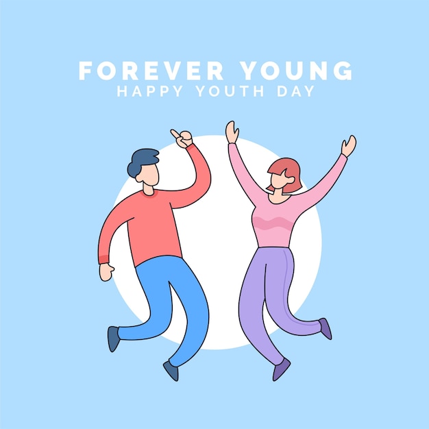 happy couple jump pose celebrate happy youth day forever young event cartoon style illustration