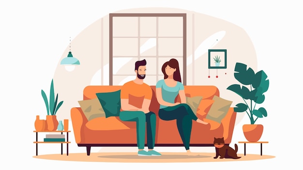 Vector happy couple in the living room on white background vector illustration