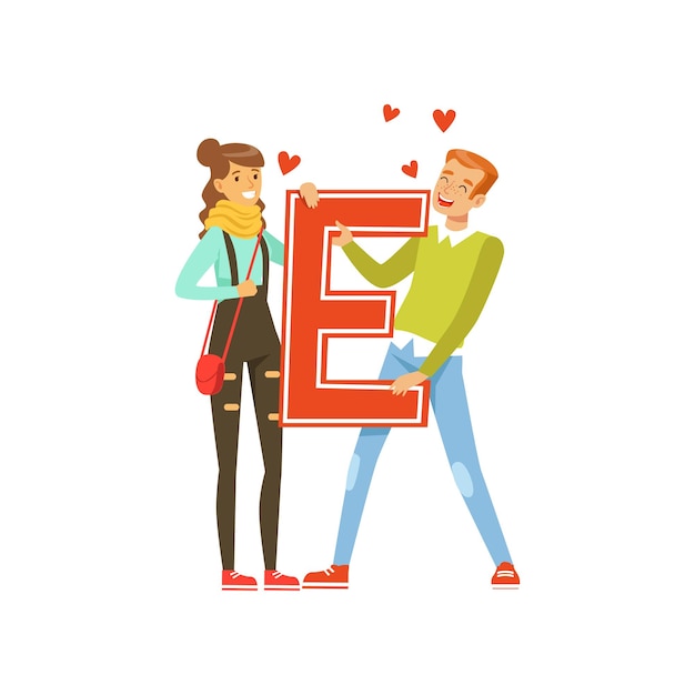 Happy couple in love holding red letter E vector Illustration on a white background