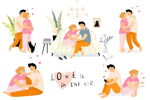 Happy couple in love at home, sitting on the couch in living room, husband hugging loving pregnant wife. Home couple routine illustration design collection.