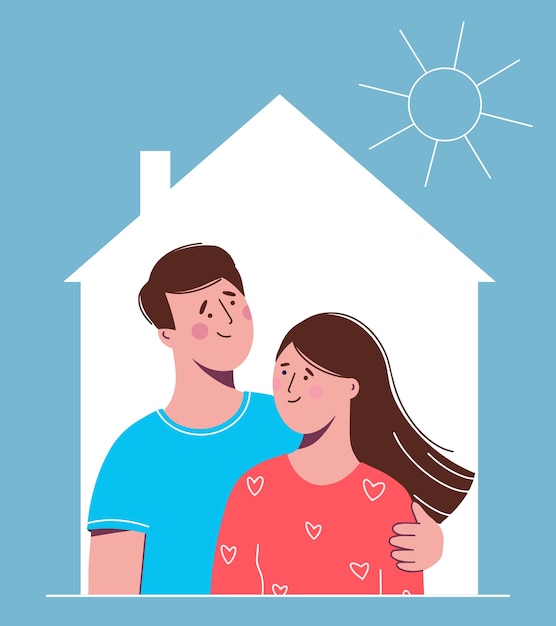 Happy couple in love man and woman in the house.  illustration