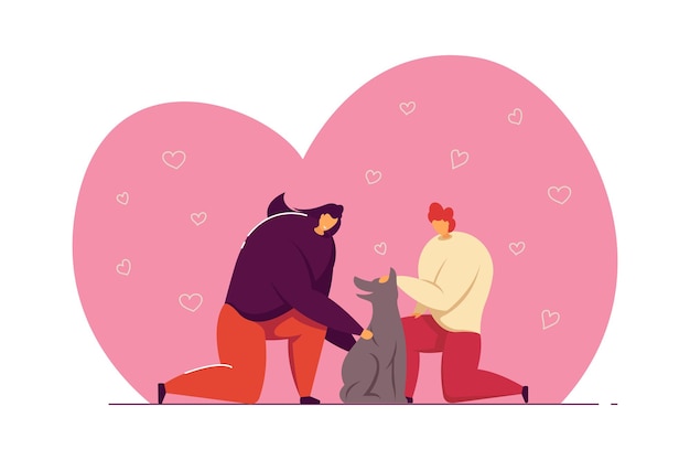 Vector happy couple loving and petting their dog. family, dog lovers, animal flat vector illustration with heart in background. pet owners, love concept for banner, website design or landing web page