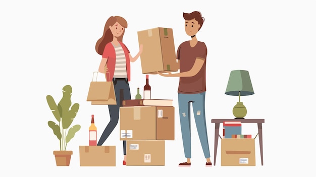 Happy Couple Moving Out of House Together with Boxes