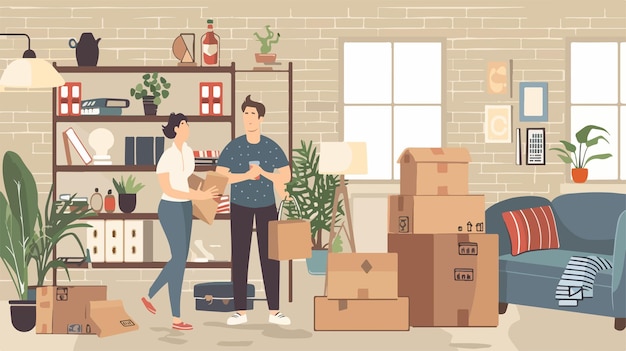 Vector happy couple moving out of house together with boxes