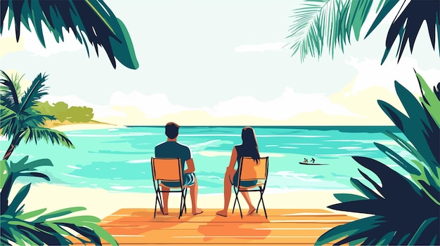 Vector happy couple relaxing on tropical beach with wooden path background