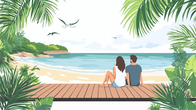 Vector happy couple relaxing on tropical beach with wooden path background