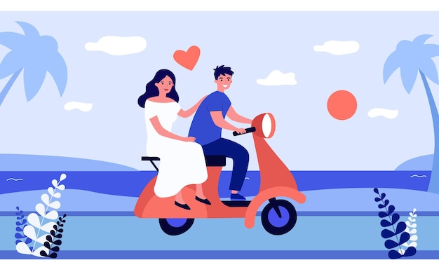 Happy couple riding motorbike along seaside. Flat vector illustration. Woman in white dress and man in love, travelling together, enjoying sunset by sea. Romance, travel, love, wedding journey concept