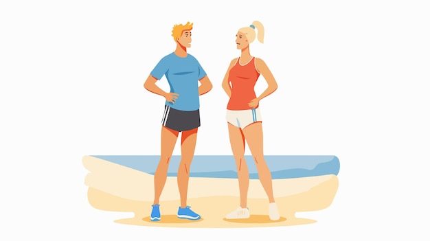 Vector happy couple runners standing beach vector illustration