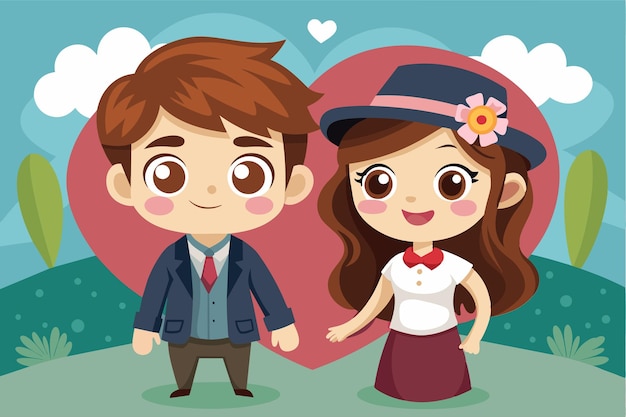 A happy couple stands together in a heartfilled landscape celebrating love on a bright cheerful day In love Customizable Cartoon Illustration