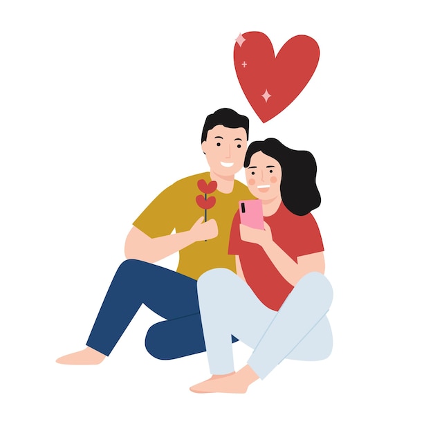 Happy couple take a selfie together cartoon illustration