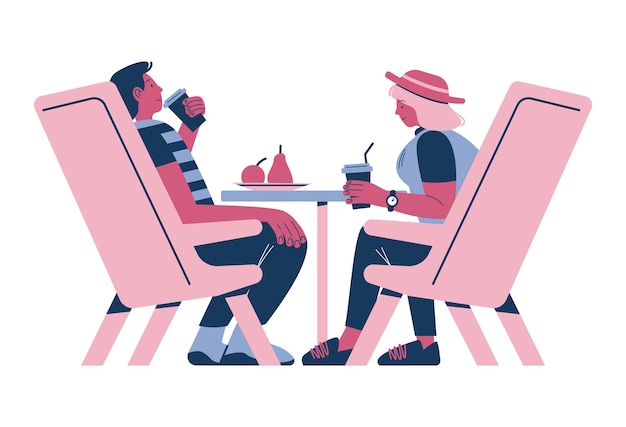 Happy couple taking rest sitting at table in cafe enjoying coffee drink flat vector illustration cof...