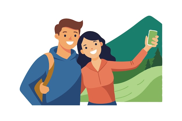 Vector happy couple taking a selfie while hiking in nature enjoying the outdoors and capturing memories on smartphone