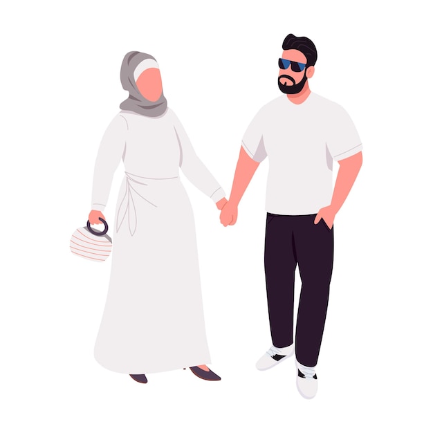 Happy couple walking and holding hands semi flat color vector characters