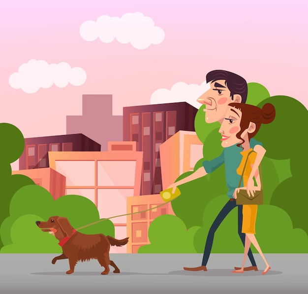 Vector happy couple walking with dog. 