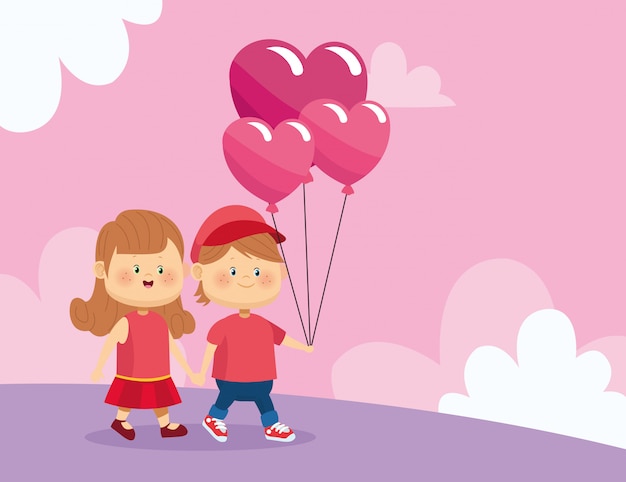 Happy couple walking with hearts balloons