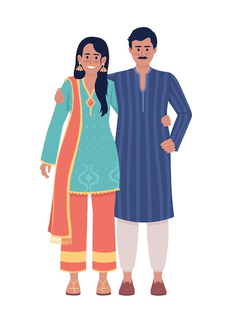 Happy couple wearing indian ethnic attires semi flat color vector characters