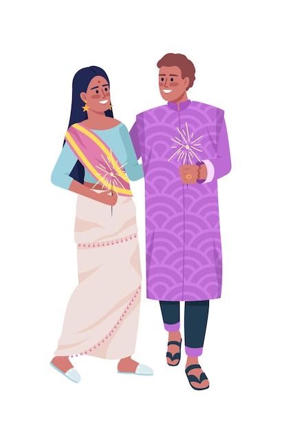 Happy couple with sparkling lights semi flat color vector characters