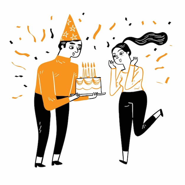 Happy couple the young man giving the cake of birthday his girlfriend Hand drawn vector illustration doodle style