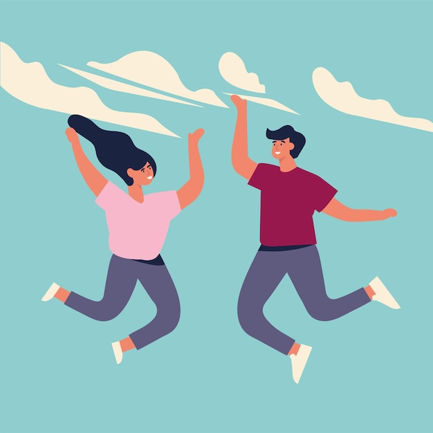 Happy couple of young people are jumping. Young people are celebrating together. Vector illustration in a flat style