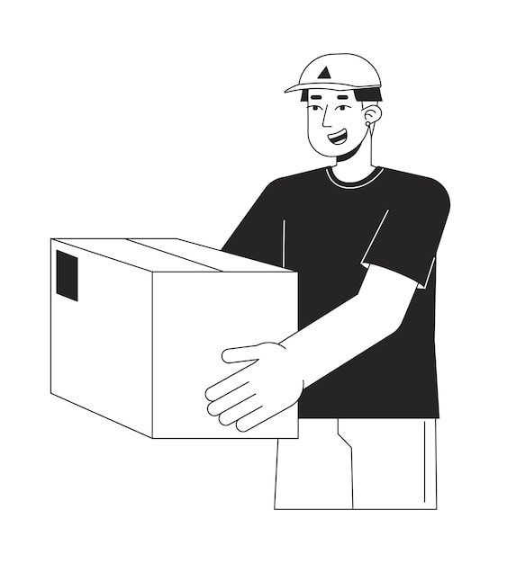 Happy courier holding package flat line black white vector character Express delivery Editable outline half body person Delivery man simple cartoon isolated spot illustration for web graphic design