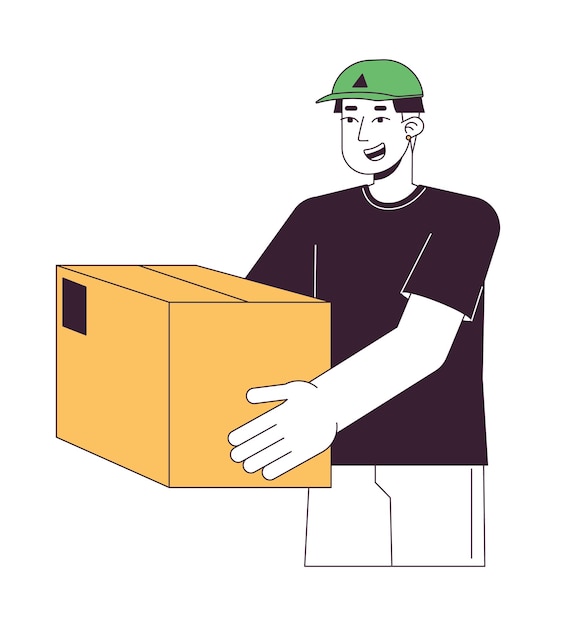 Happy courier holding package flat line color vector character Express delivery Editable outline half body person on white Delivery man simple cartoon spot illustration for web graphic design