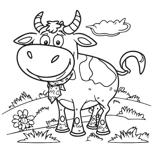 Happy cow playing outside Coloring book for children Cartoon outline illustration