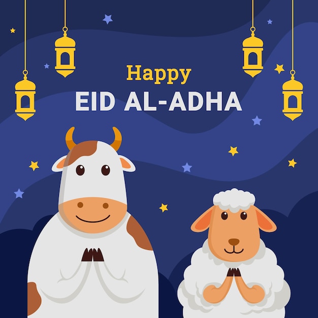 Happy cow and sheep celebrating holy day eid al adha.