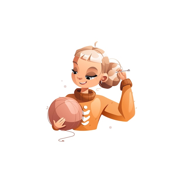 A happy creative cartoon girl is holding a large ball of wool in her hands