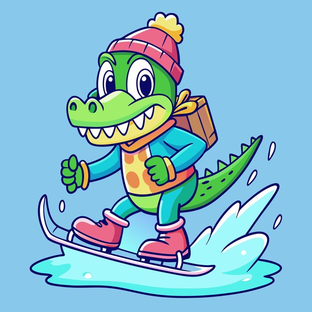 Vector happy crocodile on ice skiing cartoon vector illustration