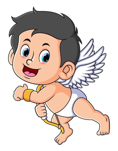 The happy cupid boy is running and flying in the sky