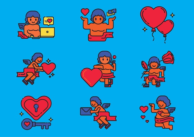 Happy cupid character design with heart, online, money, balloons and key icon.