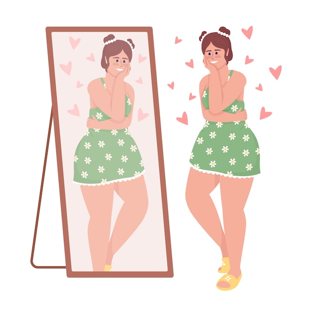 Happy curvy woman looking in mirror semi flat color vector character