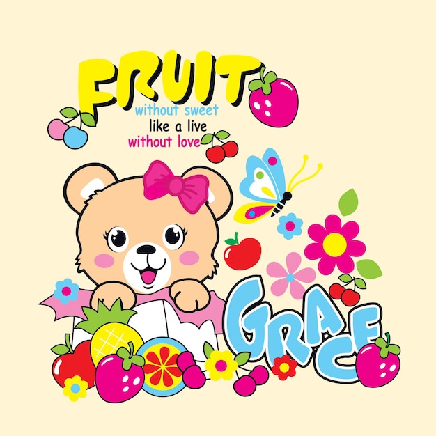 happy cute bear with flower vector cartoon illustration