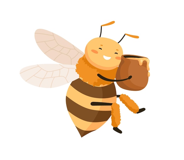 Happy cute bee holding and hugging clay pot with honey. Smiling adorable honeybee with sweet funny face. Childish colored flat cartoon vector illustration of baby insect isolated on white background.